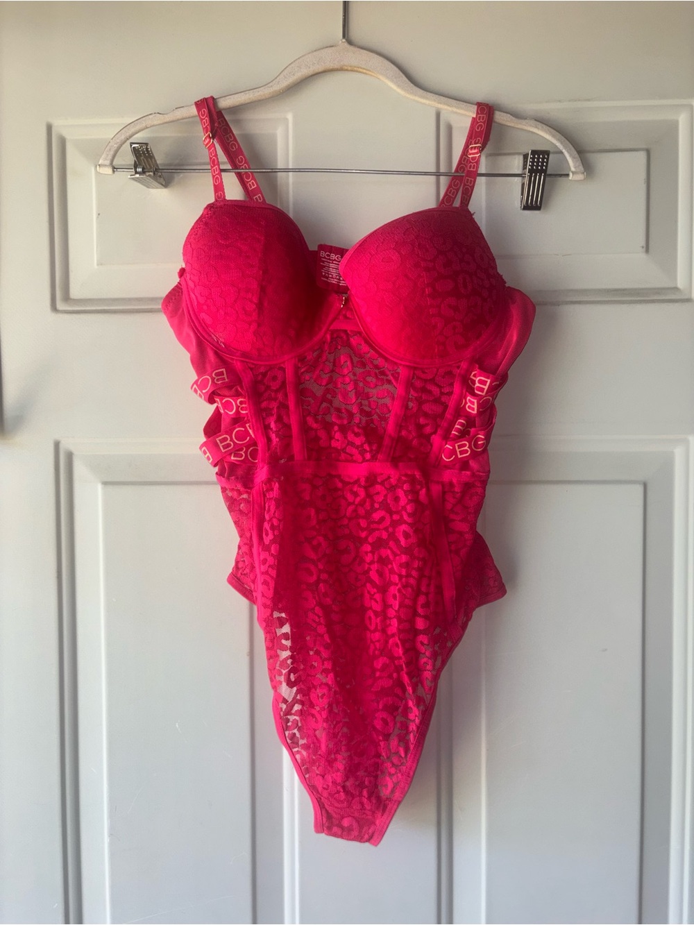 BCBG hot pink leopard lace teddy bodysuit size L